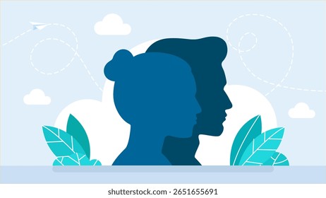 Um homem e uma mulher estão olhando juntos na mesma direção. Silhueta homem e mulher cara a cara. Silhueta de rosto de homem e mulher. Salão de beleza, spa, massagem, loja de cosméticos. Ilustração vetorial