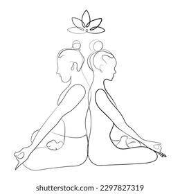 Man and woman in lotus pose yoga meditation line art drawing vector illustration.Simple line drawing two persons sit back to back in lotus position.Silhouette meditating people