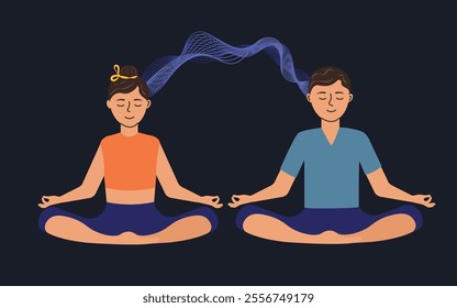 Man and woman in lotus position with supernatural mental connection for telepathy and hypnosis concepts. Metaphilosophy and epistemology concept vector illustration.