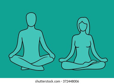 Man and woman of lotus yoga pose. Vector illustration for label, icon, web. 
