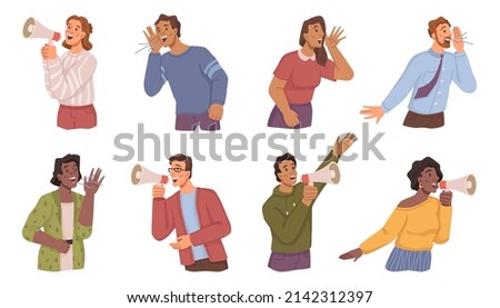Man and woman with loudspeaker shouting and screaming. Vector flat cartoon characters attracting attention, marketing and announcement of news, search and promotion proposals from employees ストックフォト © 