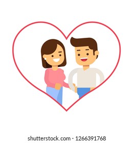 Man and Woman in Love. Boy and Girl in Love Inside Big Heart. Vector Valentine's Day Card Design