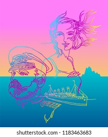 Man and woman in love. Captain and his beloved woman, icebergs, adventures. Color warm and cold gradients. Continuous line style. Minimalism traveling, ships, sea, ocean. Best human qualities svg