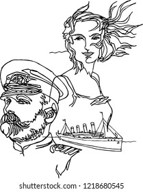 Man and woman in love. Captain and his beloved woman, ship, icebergs, adventures. Continuous line style. Minimalism traveling, ships, sea, ocean. Best human qualities