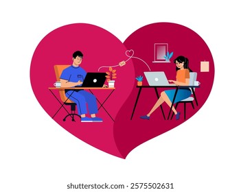 Man and woman in love chatting online. Young couple in an online chat room. Virtual relationship and online dating and social networking concept. Online dating.