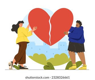 Man and woman in love concept. Young couple with halves and pieces of heart. Romantic relationships. Family building. Valentines day greeting postcard. Cartoon flat vector illustration