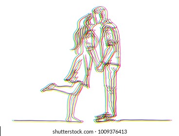 Man and Woman in love continuous line drawing in a CMYK color scheme