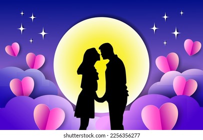 man and woman love couple mid moon night time clouds sky heart blue purple