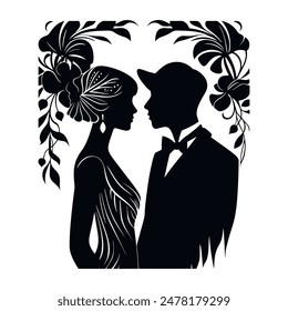 Man and woman love couple ornamental silhouettes with vintage floral frame in art nouveau style. Vector beautiful black silhouettes on white background. Old retro style isolated ornate romantic design