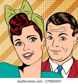 Man and woman love couple in pop art comic style, vector illustration