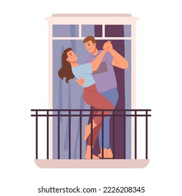 Man and woman in love dancing on balcony outdoors. Male and female personage enjoying romantic date or evening. Cartoon character, vector in flat style
