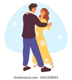 Homem e mulher apaixonados dançam juntos, lentamente, dança romântica. Diversão de festa em discoteca. Casal abraçando. Discoteca de música. Feliz povo amado. Moções de namorado e namorada. Conceito de vetor