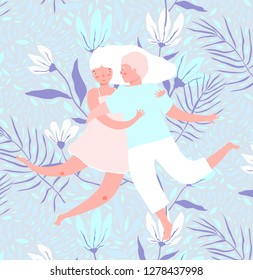 Man and Woman in Love design with flowers. Flower lovers card design for Valentines day.