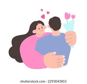 man and woman in love with each other. face to face smiling. 
proposal moment. 
valentines day gift.