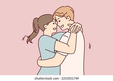 Man and woman in love embrace after long separation, rejoicing at long-awaited meeting. Young couple of guy and girl cling to each other rejoicing at start of date. Flat vector illustration