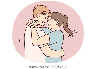 Hombre y mujer en el amor se abrazan después de una larga separación, regocijándose en la reunión tan esperada. Joven pareja de chico y chica se aferran el uno al otro regocijándose al comienzo de la cita. Ilustración vectorial plana