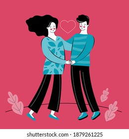 Man and a woman in love embrace each other. Characters on the feast of happy valentines day. Romantic young couple feel happy and joyful. Banner or card for valentines day. Vector flat illustration