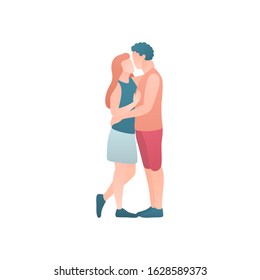 A man and woman in love flat illustration. The couple together in love hugging and kisses at Valentine's Day. Girlfriend standing full-length at isolated white background and cuddling boyfriend.