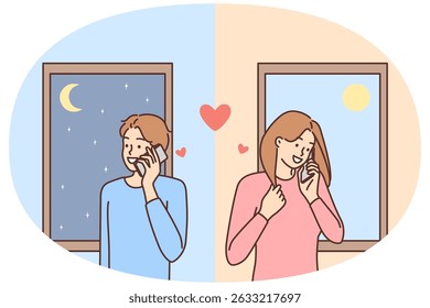 Man and woman in love are flirting on phone in different countries during business trip. Guy and girl flirt by exchanging romantic promises in telephone conversation