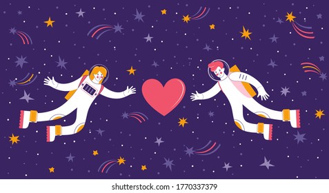 Hombre y mujer enamorados vuelan juntos en cielo estrellado. Los amantes del cosmonauta se sienten atraídos por el corazón. Espacio exterior con estrellas, meteoritos y cometas. Dibujo romántico de mano para el día de San Valentín.