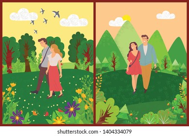 Man and woman in love having date in park vector, forest with trees and greenery, flying swallows and romantic atmosphere for people mountains hills