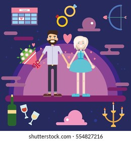 Man and woman in love holding hands on background with icons: hearts, wine, rings, calendar. Greeting card for Valentine`s Day, wedding, anniversary or other celebration. Vector illustration.