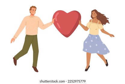 Hombre y mujer enamorados con forma de corazón. Personajes masculinos y femeninos aislados en fecha, esposa y esposo celebrando el aniversario o el día de San Valentín. Vector de estilo plano