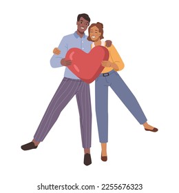 Man and woman in love holding heart. Isolated couple hugging and smiling, celebrating Valentines day or anniversary. People on date. Vector in flat style
