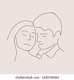 Man and woman love line art vector illustration. Couple kissing and hugging line drawing. Minimalism print