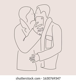 Man and woman love line art vector illustration. Couple kissing and hugging line drawing. Minimalism print