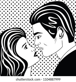 Man And Woman In Love Looking At Each Other. Vintage Popart Comic Style. Black And White Illusatration