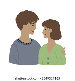A man and a woman in love are looking at each other and hugging each other.