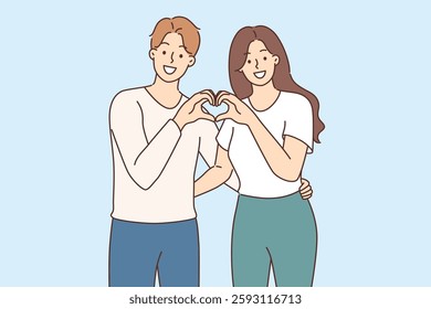 Man and woman in love make heart gesture together, demonstrating sympathy and affection for partner. Guy and girl in love hug, rejoicing in presence of romantic relationship with faithful spouse