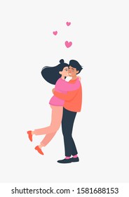 The man and woman in love met and hugged. Vector bright illustration about love in flat style.