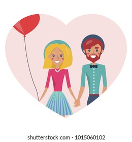 Man and woman in love, poster with boyfriend and girlfriend, holding red balloon, heart shaped frame, vector illustration, isolated on white