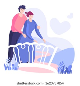 Man and Woman Love and Relations. Sweet Life Moment of Loving Spare Time, Hugging and Kissing on Bridge. Cartoon Flat Vector.