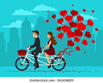 Man and woman in love riding a tandem bike with balloons as hearts. romantic date cartoon vector illustration 