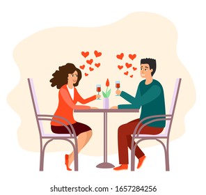 Man and woman in love. Romantic couple sitting in restaurant with wine. Young funny man and woman at cafe on date. Dialog or conversation between romantic partners. Flat cartoon vector illustration.