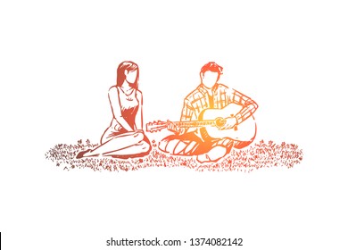 Hombre y mujer enamorados, cita romántica en el parque, hombre tocando guitarra, novio sosteniendo instrumento musical. Pareja en un boceto concepto de celebración de día de picnic, valentina. Ilustración vectorial dibujada a mano