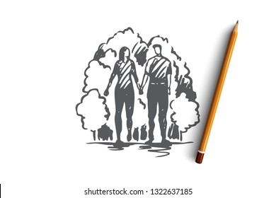 Man, woman, love, romantic, walk concept. Hand drawn young lovers hold hands and walk in park concept sketch. Isolated vector illustration.