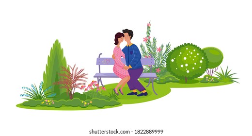 El hombre y la mujer enamorados están sentados en un banco del parque. El hombre abraza a la mujer suavemente. Dibujo aislado de colores vectores en estilo plano con composiciones de bordes de flores mezcladas. 