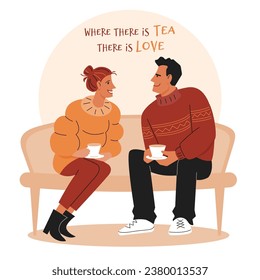 A man and a woman in love are sitting on a couch and holding a cup of drink. Vector isolated color illustration in cartoon style with lettering.