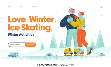 A man and a woman in love are skating on ice. Vector illustration concept of web page design for website and mobile website development. Landing page. 