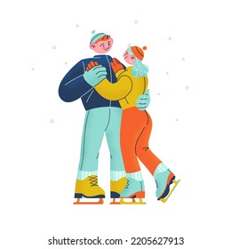 A man and a woman in love are skating on ice. Winter activities. Wintersports. Vector Flat illustration.