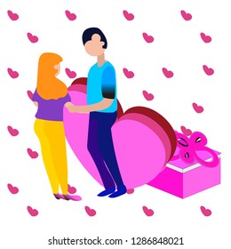 Man And Woman In Love. Valentine Day,Couple Vector Illustration, Isometric Style