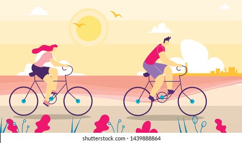 Man and Woman in Love Walking on Bicycles Flat Cartoon. Lovers Couple, Young Family Cycling Far from City. Active Life and Eco Bike Tour. Natural Landscape. Vector Beautiful Evening Illustration