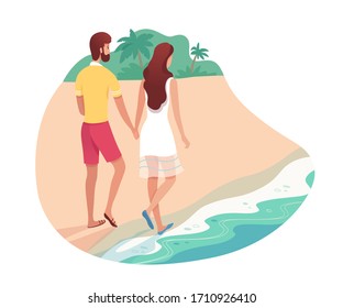 Man and woman in love walking on sand beach. Romantic dating on seaside. Young family rest on tropical resort. Lovers holding hands spend time on sea coast. Holiday romance. Vector illustration