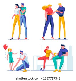 Man and Woman in Lovely Relationship Flat Cartoon Vector Illustration. Guy Hugging Girl on Shoulders. Parent Bringing up Baby. Father Talking to Girl with Balloon. Couple Sitting on Sofa with Popcorn.