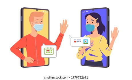 Man woman lovers couple persons in masks discuss meeting date chatting via online video call in mobile phone dating app. Romance, love during coronavirus pandemic concept flat vector illustration