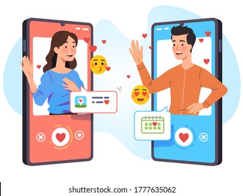 Man & woman lovers couple texting messages chatting via online video call in mobile phone dating app. Greeting waving hands, discussing meeting date, expressing love, romance. Flat vector illustration